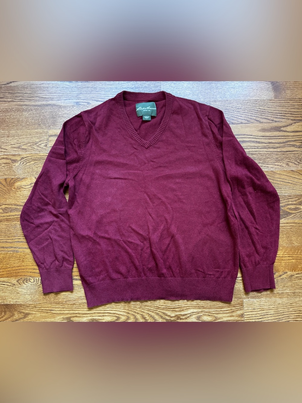 Eddie Bauer Men’s Large Burgundy Cotton Cashmere V-Neck Sweater